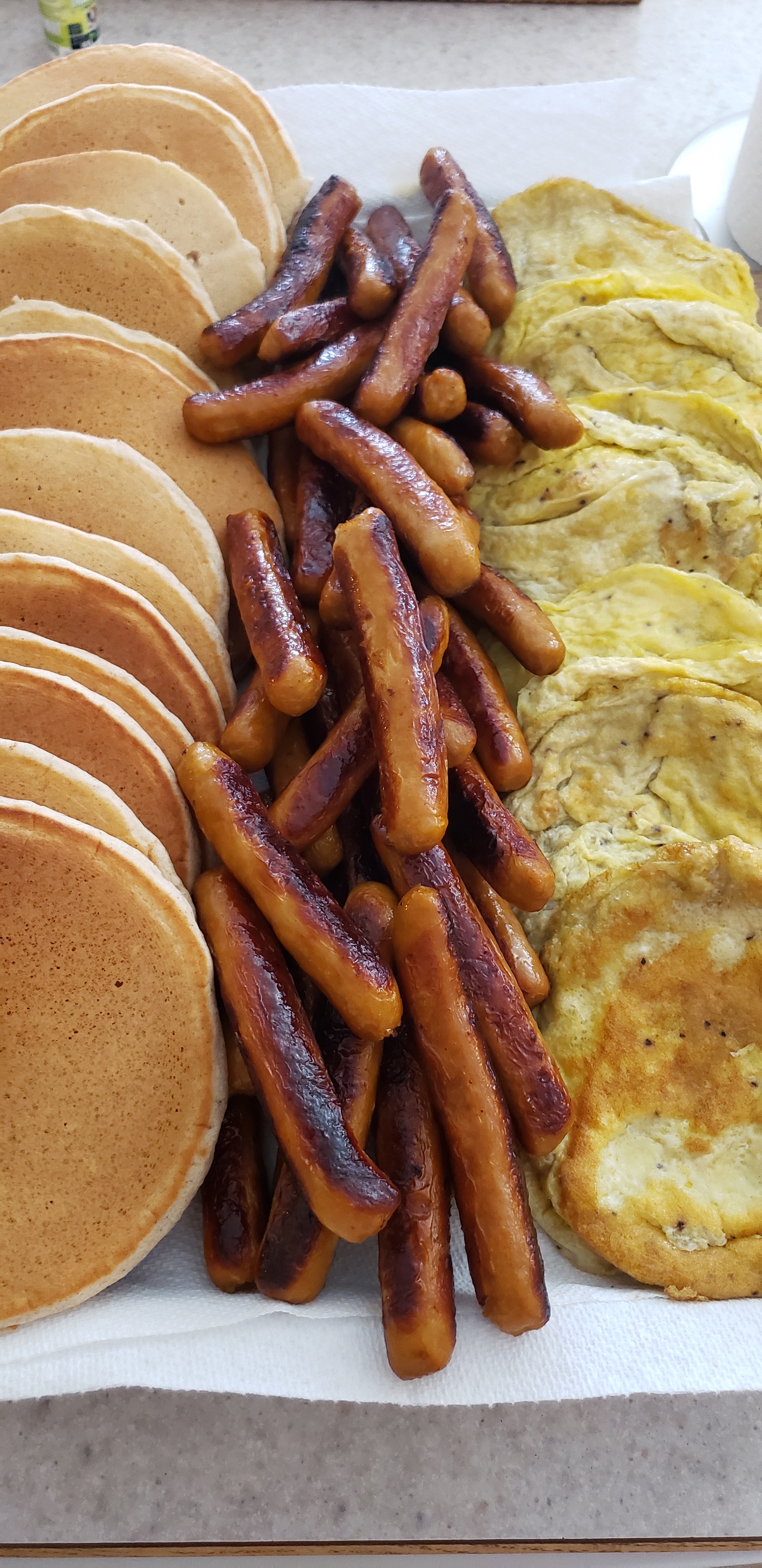 Pancakes, Breakfast Sausage, and Eggs Platter