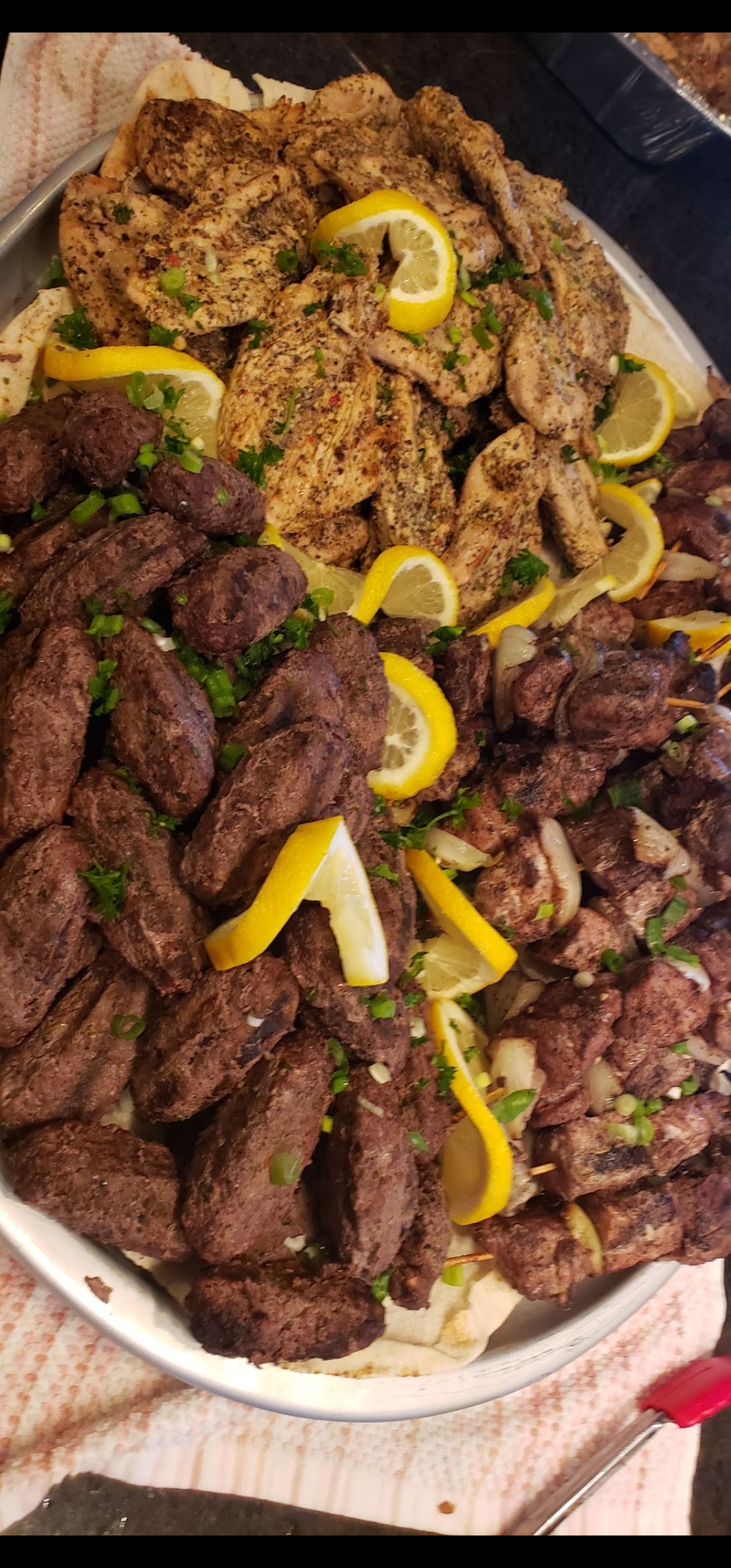 Mediterranean Kaboobs, Beef Tenderloin skewers and BBQ Chicken Platter