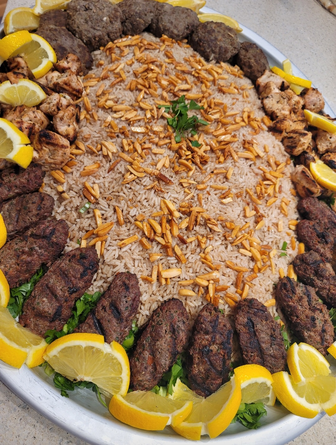 Mediterranean Rice with Slivered Almonds, Kabobs and BBQ Chicken