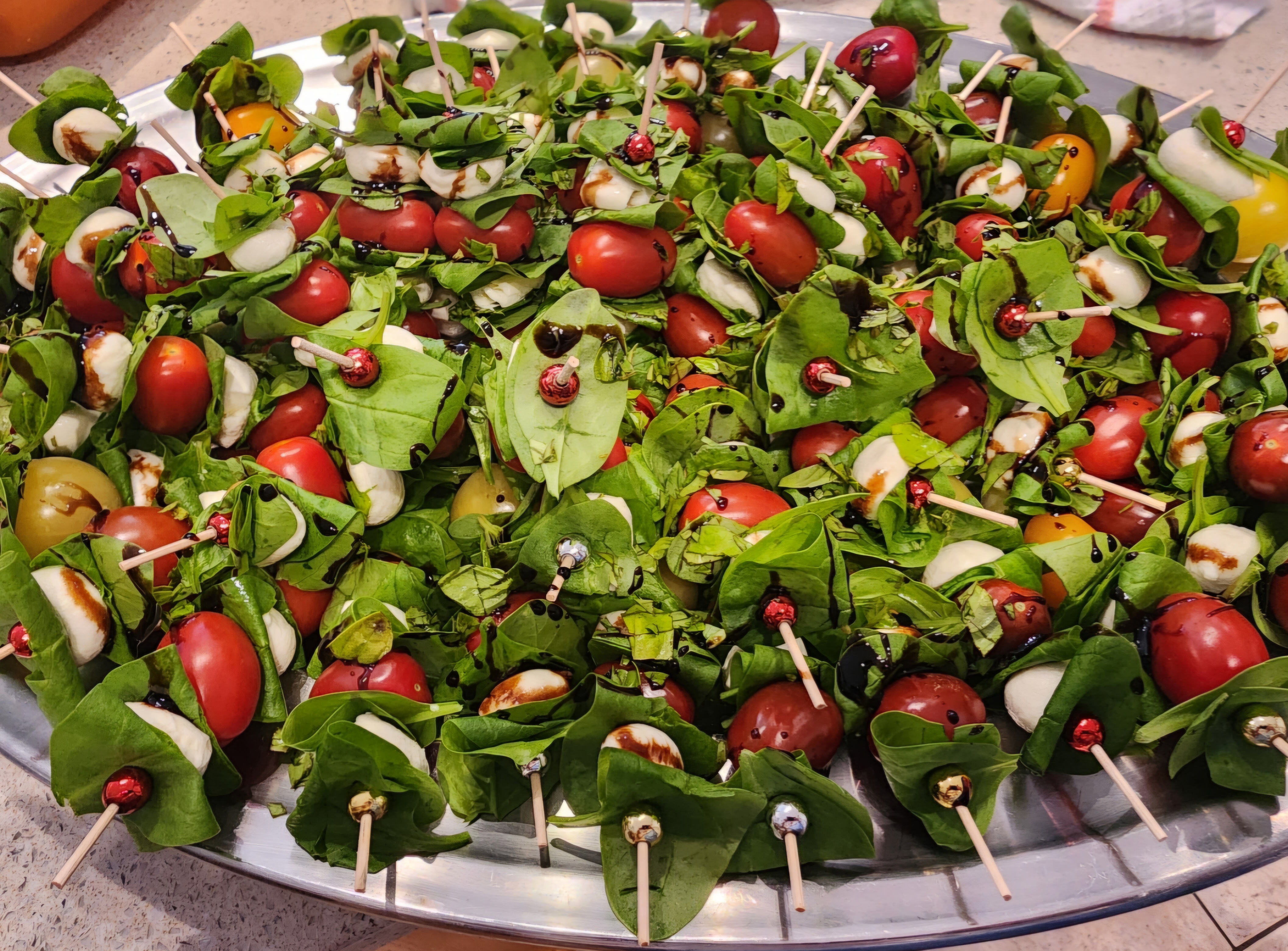 Bocconcini Fresh Basil, Tomato Skewers, With Balsamic Glaze