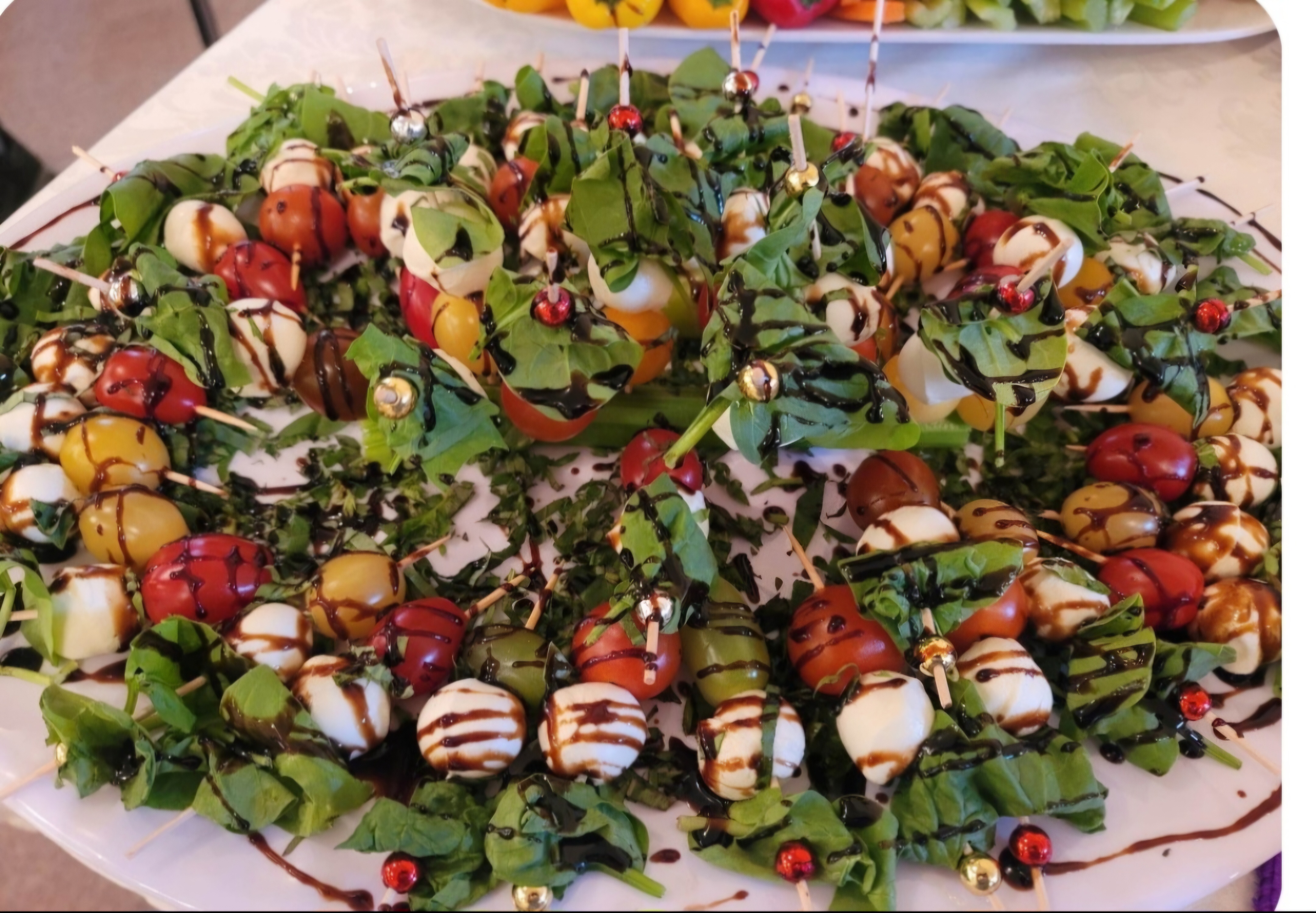 Bocconcini Fresh Basil, Tomato Skewers, With Balsamic Glaze